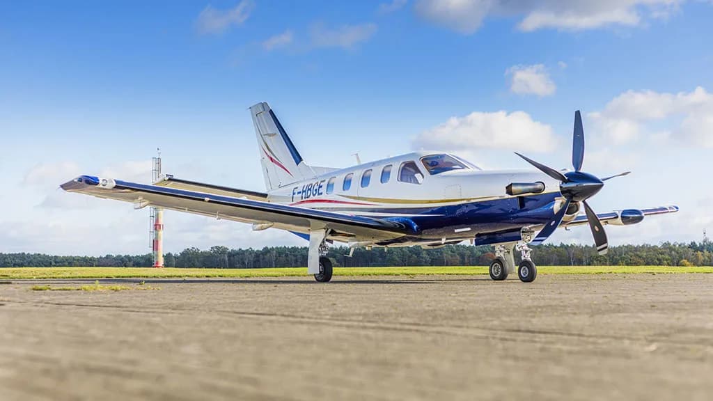 A white and blue single-engine turboprop aircraft (TBM) with registration F-HBGE parked on an asphalt runway under a blue sky.