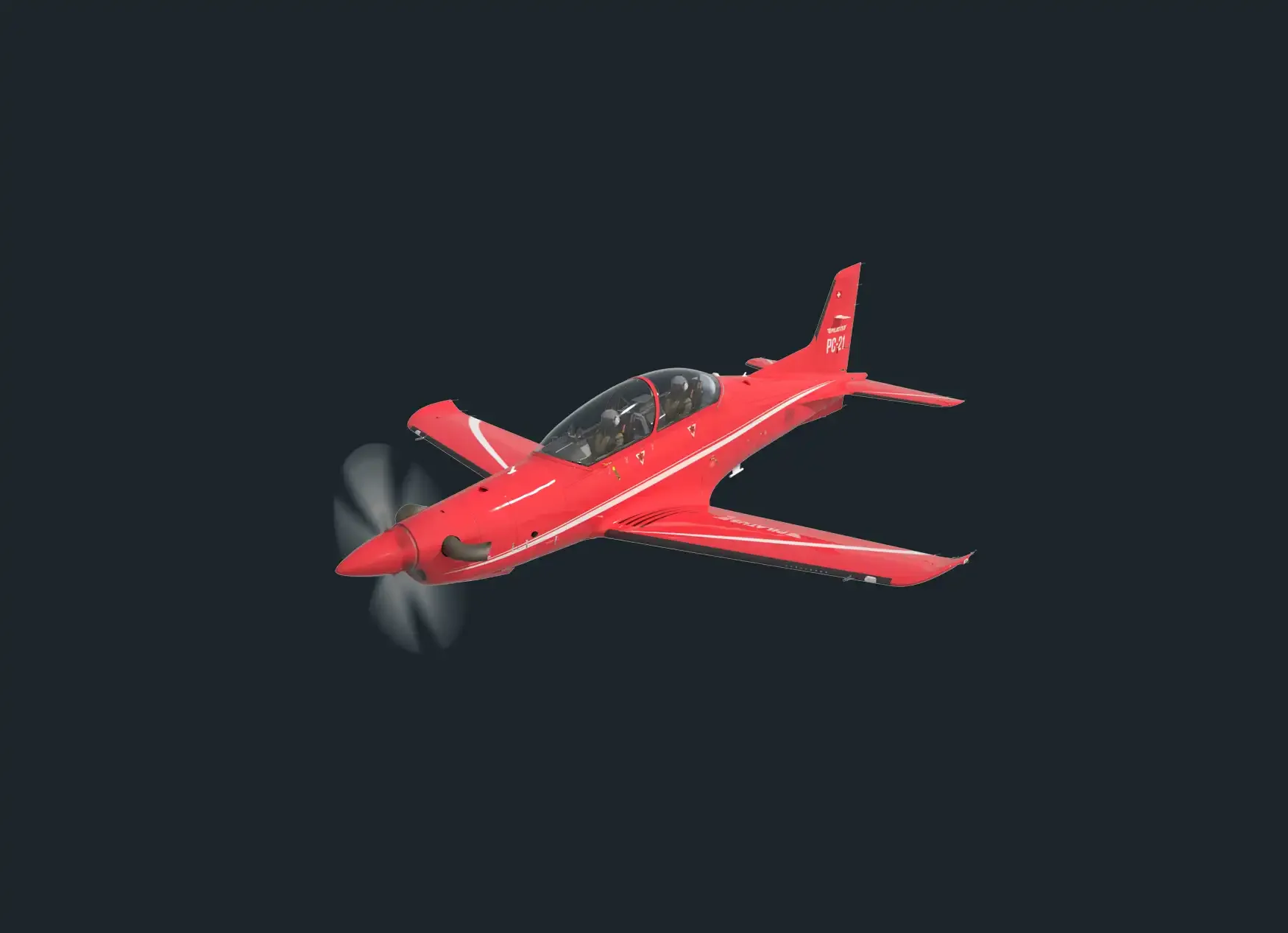 A red Pilatus PC-21 aircraft in flight against a dark background.