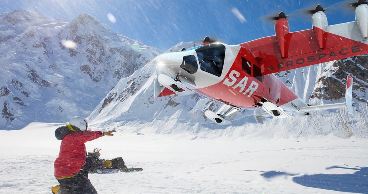 A red SAR aircraft landing near a person in a snowy mountain area.