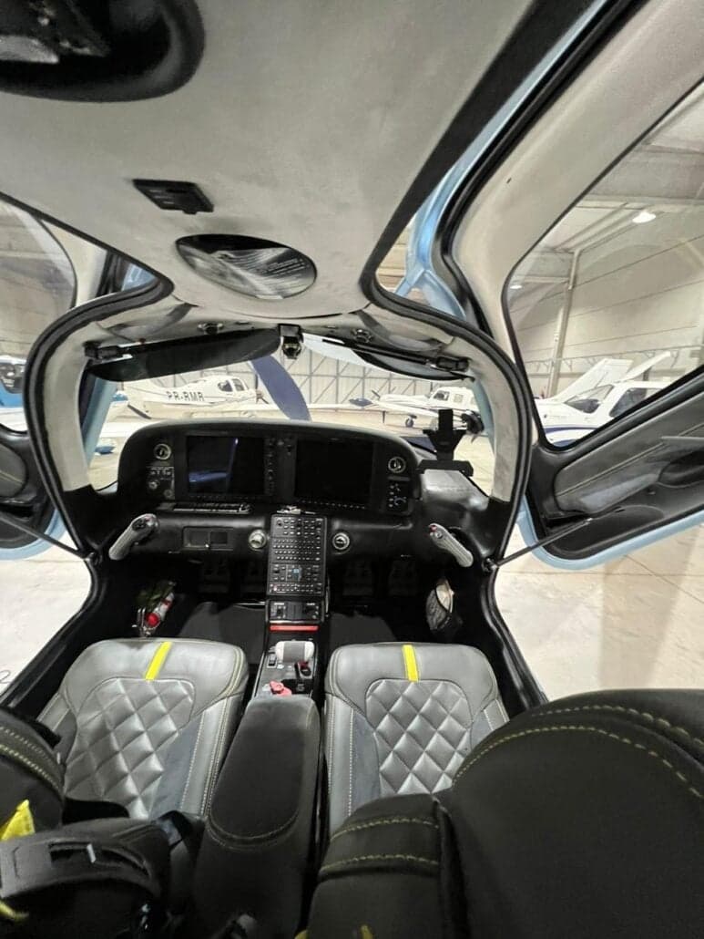 View of the cockpit with the doors open.
