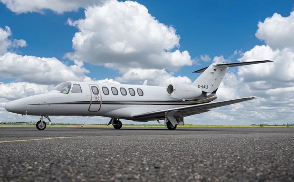 A white Cessna Citation business jet with black and brown stripes, registration D-IALI, parked on an asphalt runway under a blue sky with clouds.