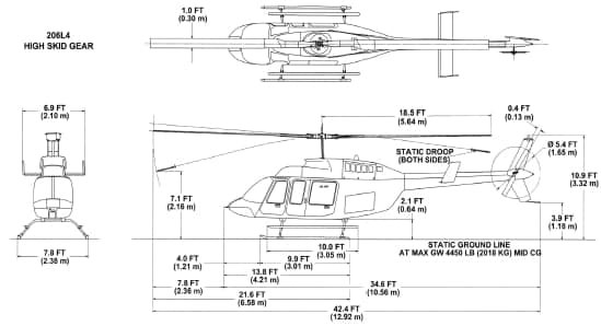 A schematic diagram of a 206L4 helicopter with dimensions.