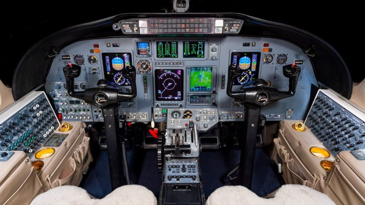 The cockpit of the Citation Encore features a full suite of avionics and controls.