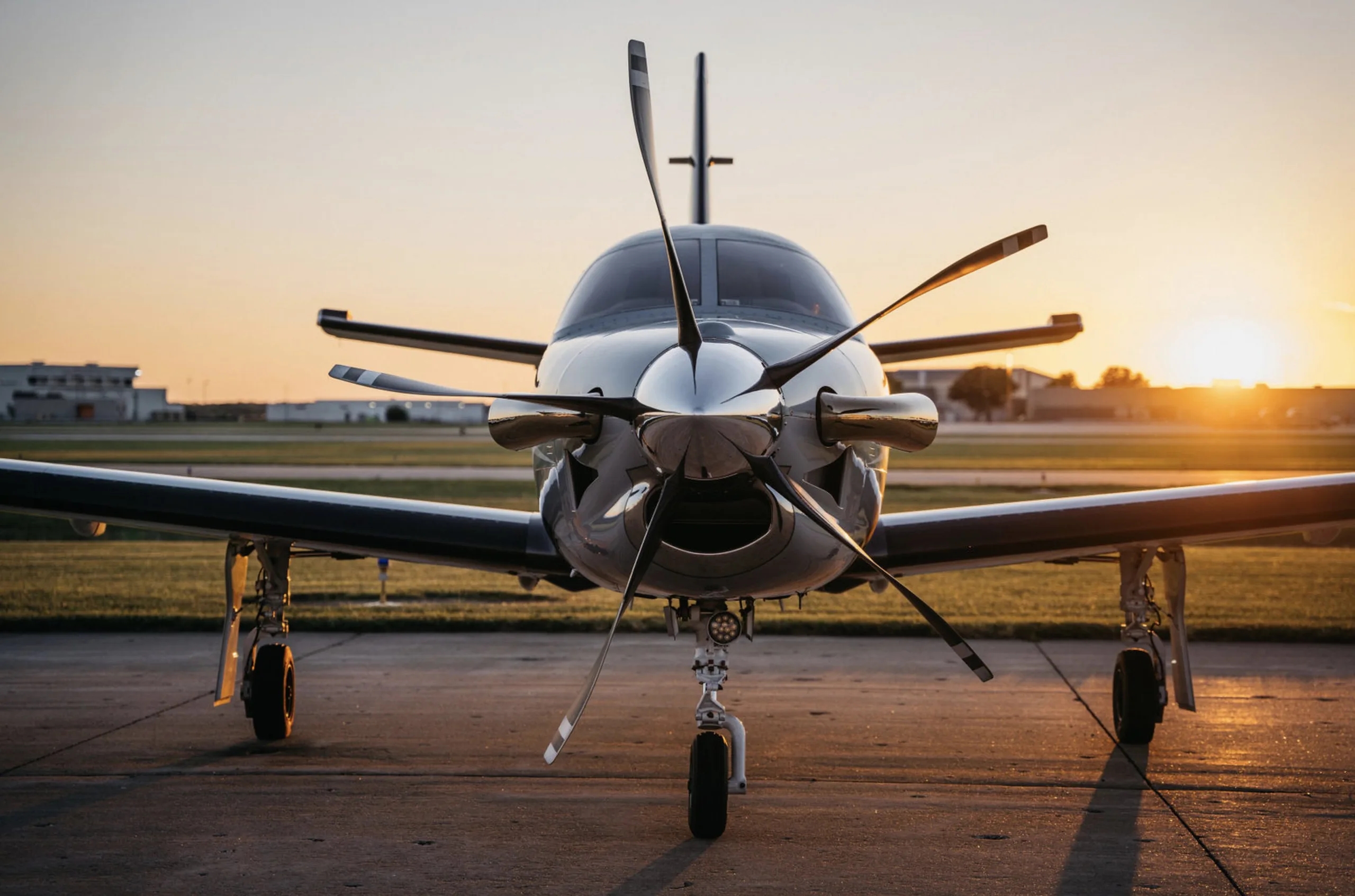 Front view of the N850VF aircraft with the sun setting in the background.