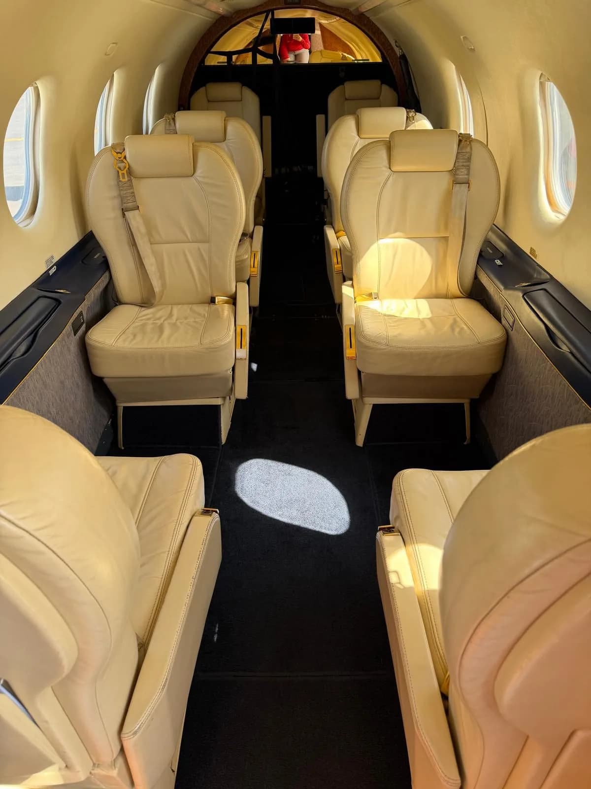 The interior cabin of the Pilatus PC-12 aircraft, featuring rows of beige leather passenger seats.