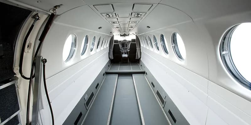 Empty cabin of the King Air 350, showing the spacious layout.