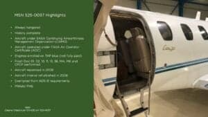 Close up of the Cessna CitationJet OO-IDE door and interior with text about the aircraft.