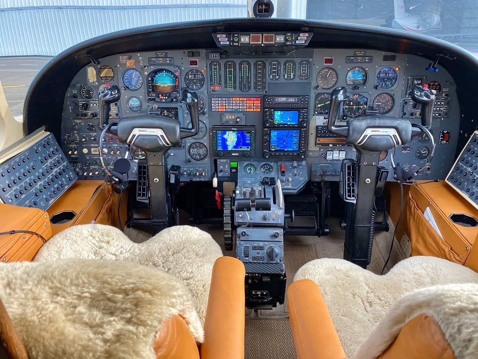 Detailed view of the Cessna Citation Mustang cockpit instrument panel.