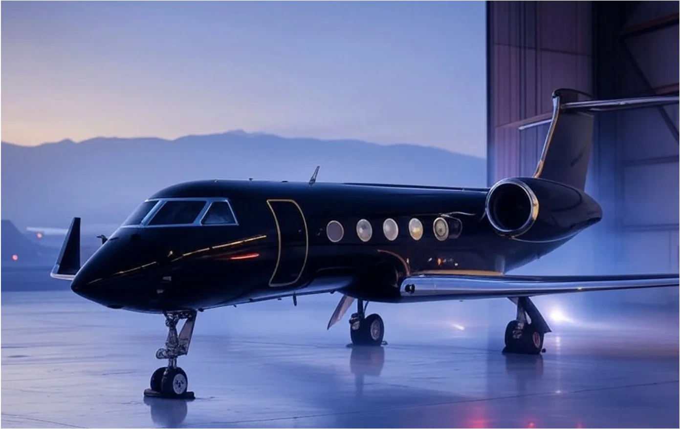 A black Gulfstream jet is parked in a hangar at dusk.
