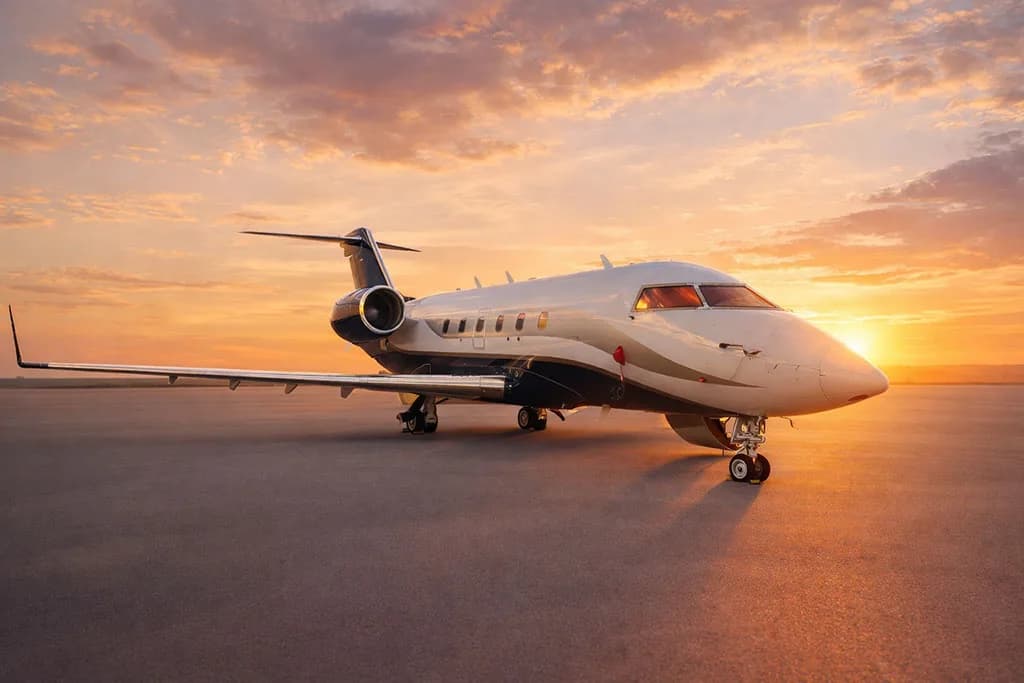 A white and dark blue private jet sits on an airfield at sunset.
