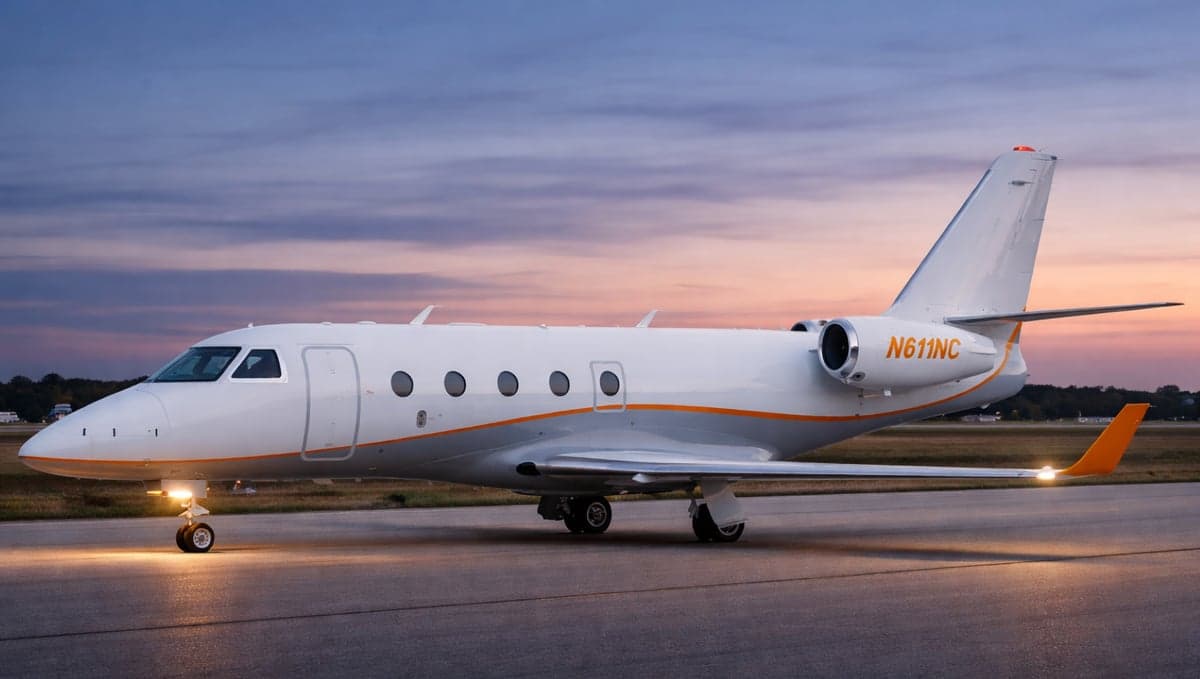 A white jet with orange accents is parked on the tarmac at dusk.