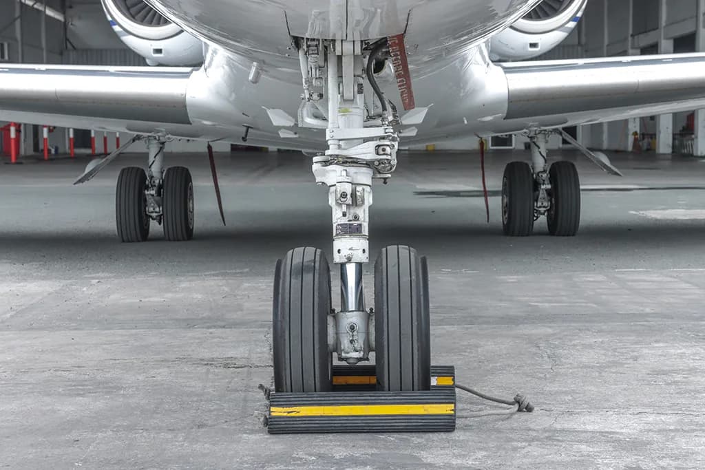A front view of the nose landing gear of a business jet, with wheel chocks in place.