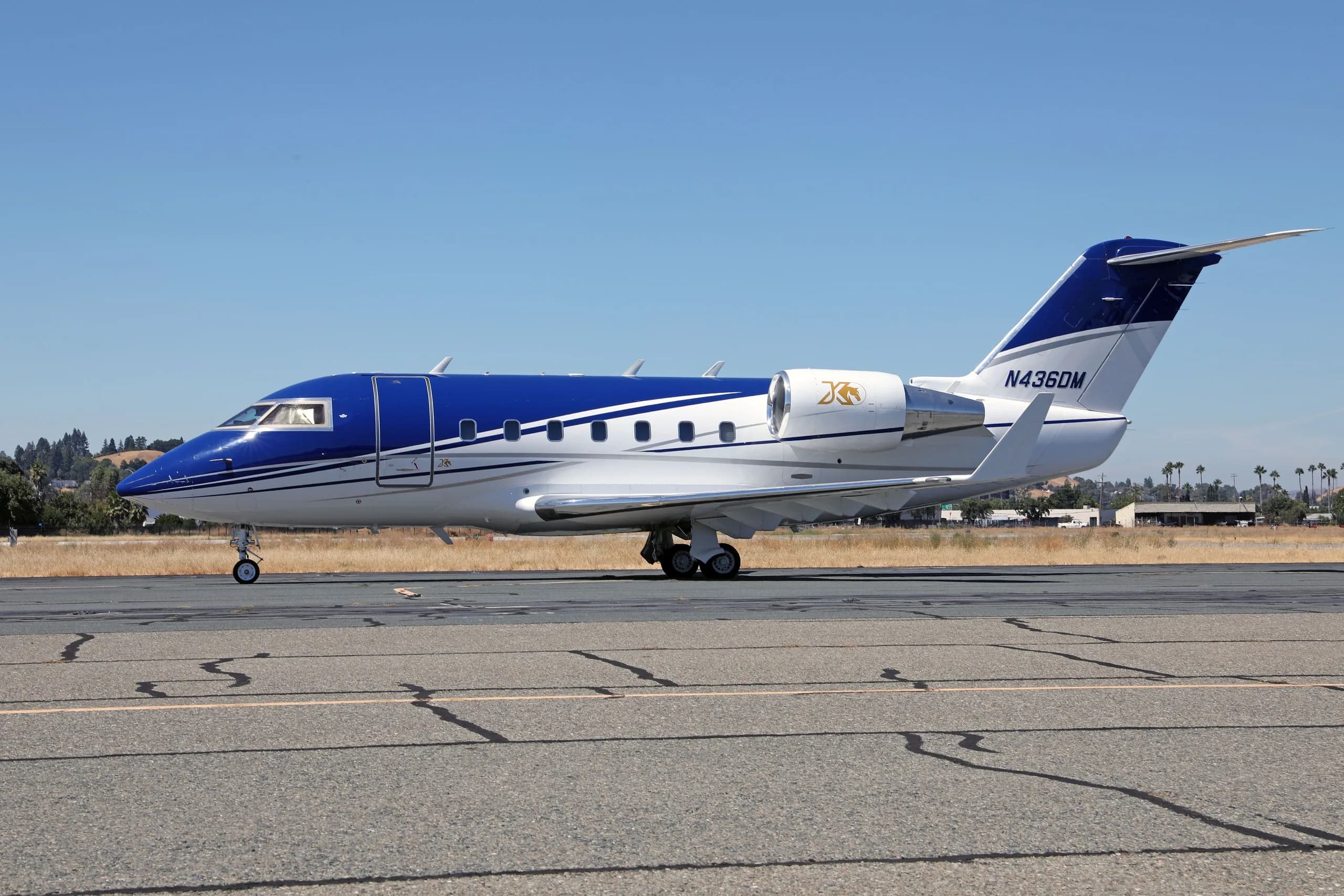 A side view of the blue and white Bombardier Challenger 604 aircraft (N436DM) parked on a tarmac.