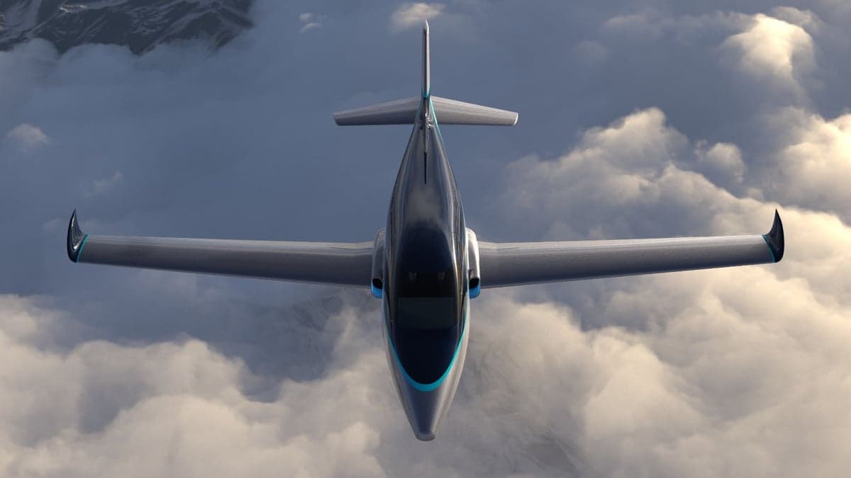 A rendering of an aircraft from a top-down view.