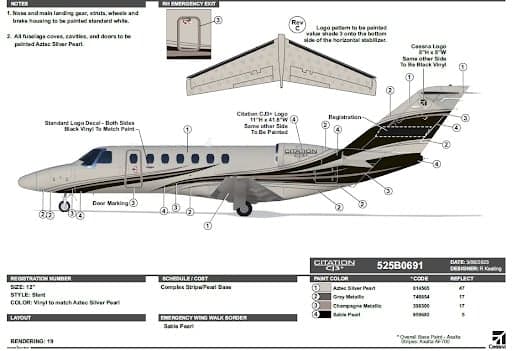 A detailed diagram illustrating the exterior paint scheme and layout specifications for the Cessna Citation CJ3+ aircraft.