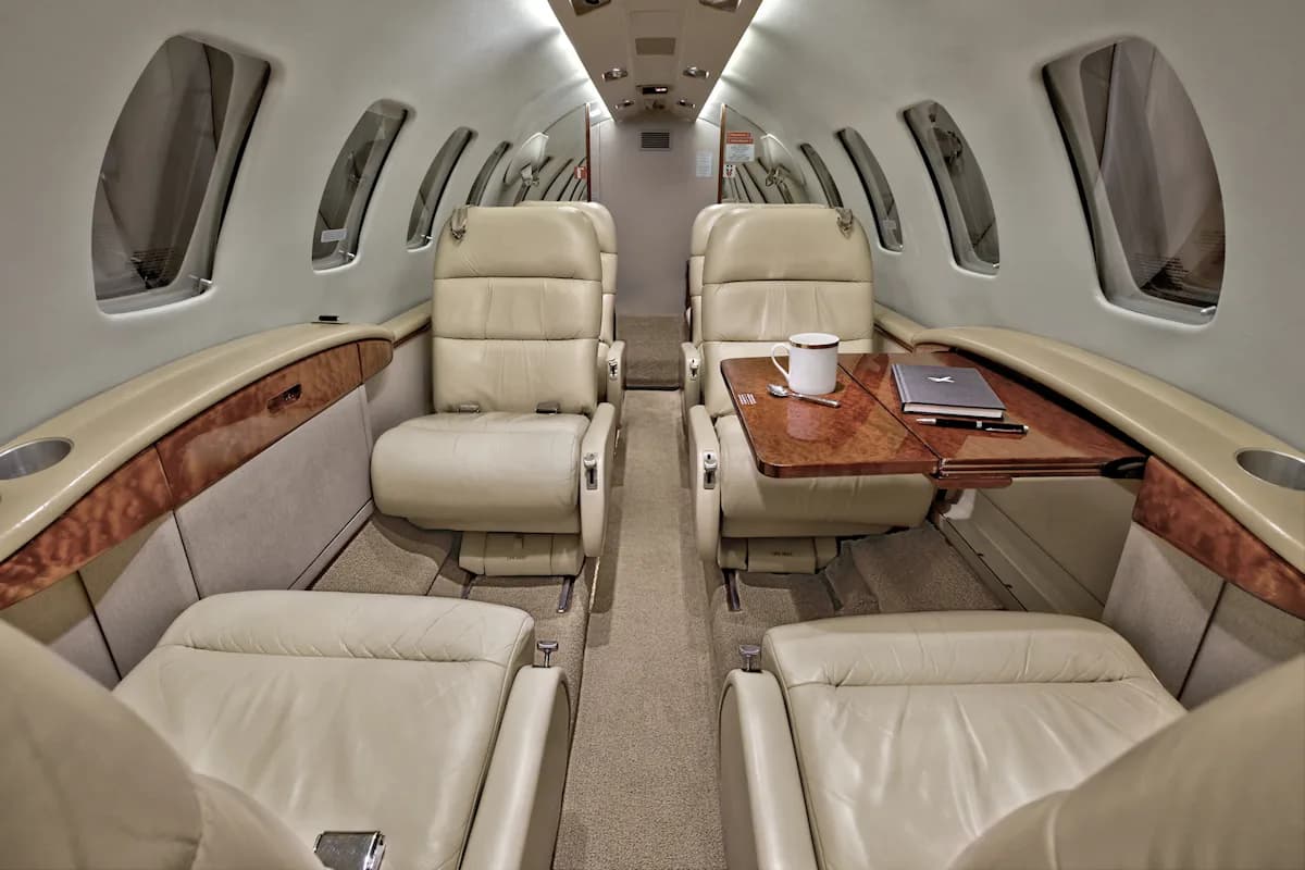 Aircraft interior with tan leather seats and wood accents.