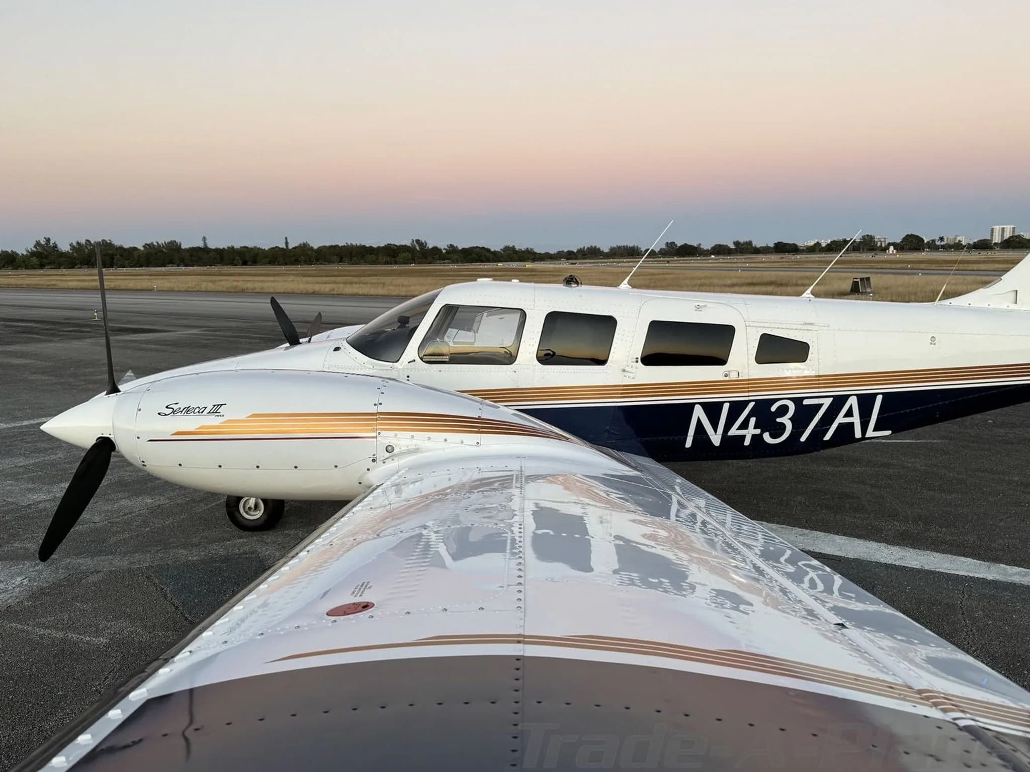 A close-up view of the N437AL Piper Seneca III's fuselage and wing, showing the white and blue paint scheme with gold stripes at sunset.