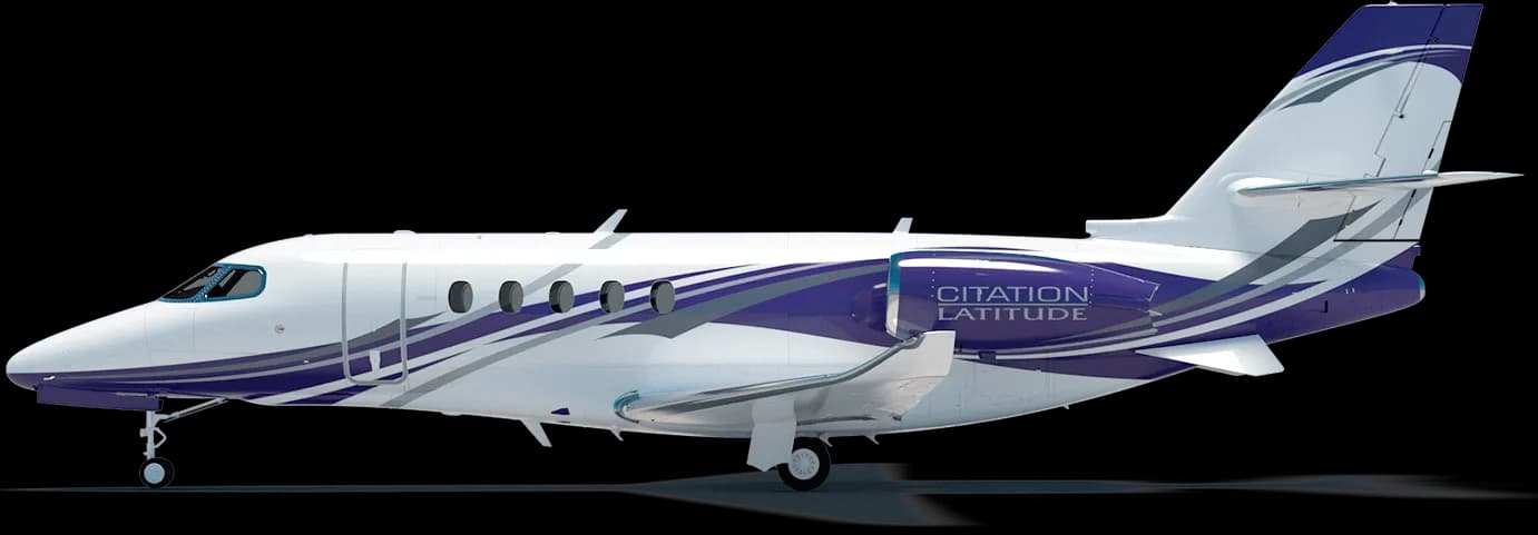 A Citation Latitude jet with a purple and white paint scheme is shown in a side view against a black background.