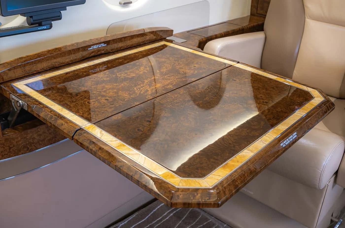 Close up of the aircraft cabin table.