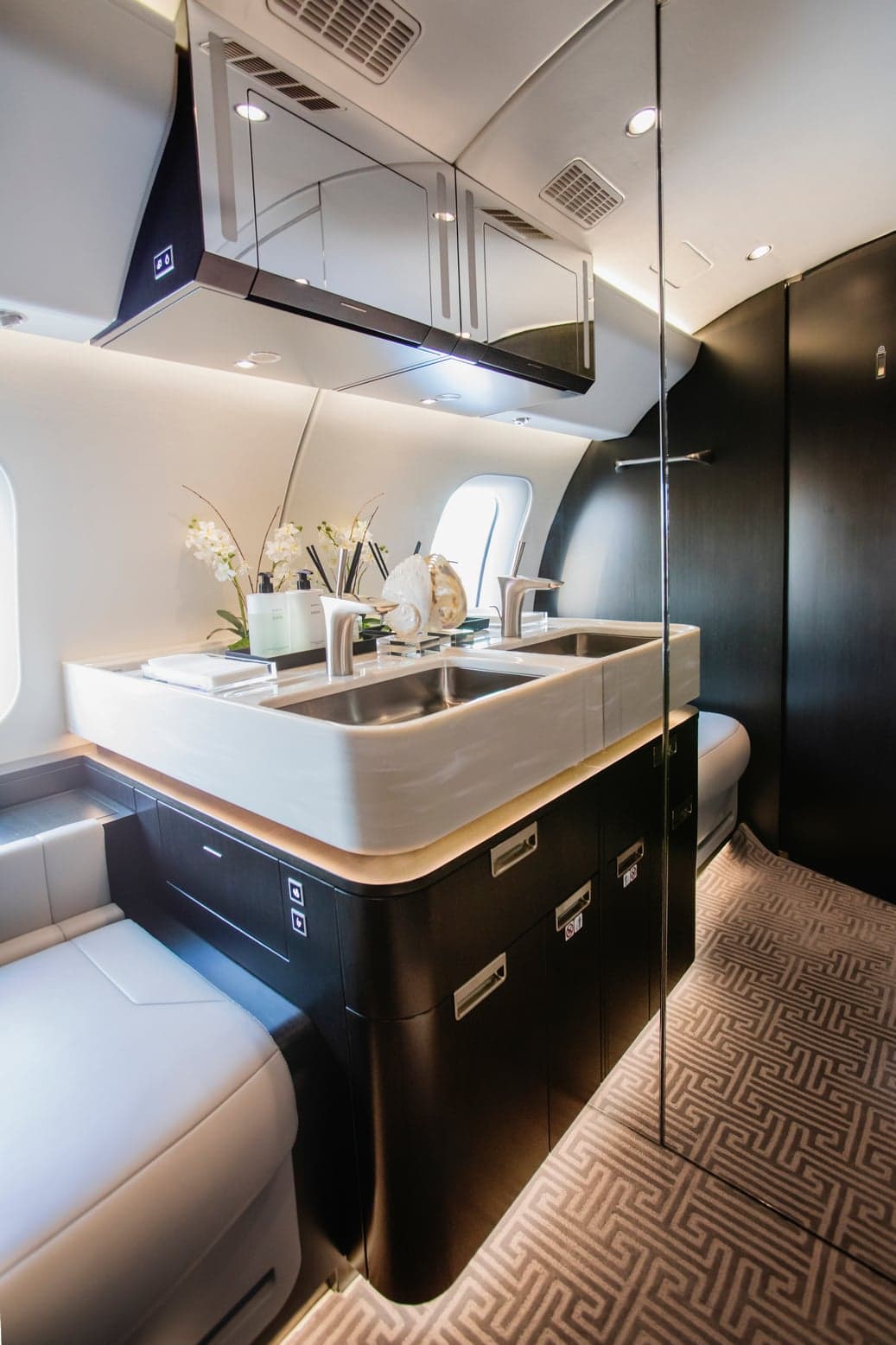 View of the aircraft lavatory with a sink and a toilet.