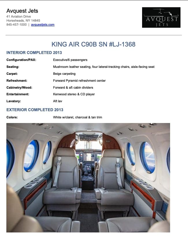 King Air C90B cabin interior with leather seats.