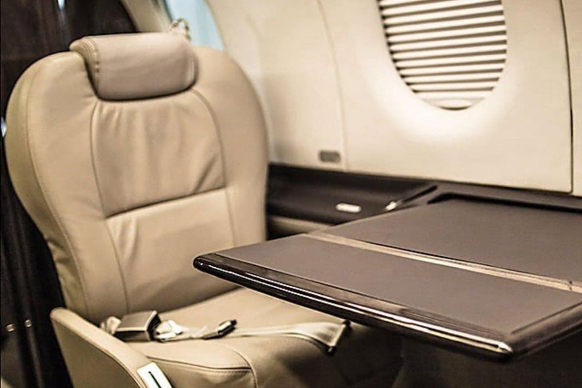 Close-up of the aircraft's leather seat and tray table.