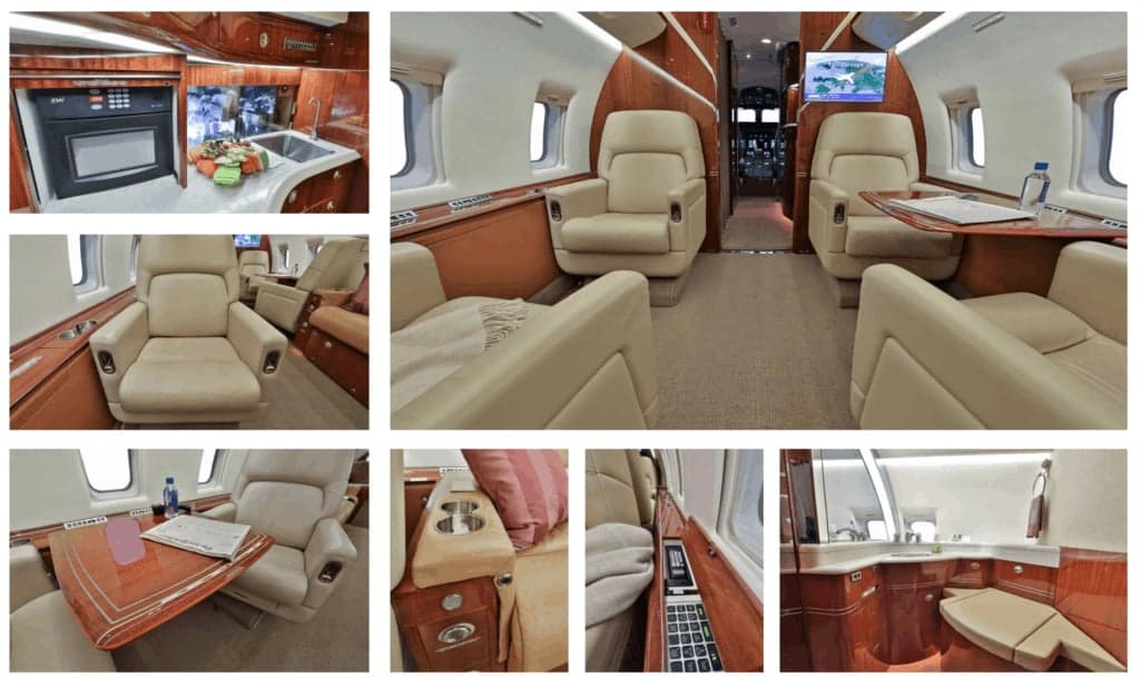 A collage of various interior views of a business jet, highlighting the galley, individual seats, and cabin details.
