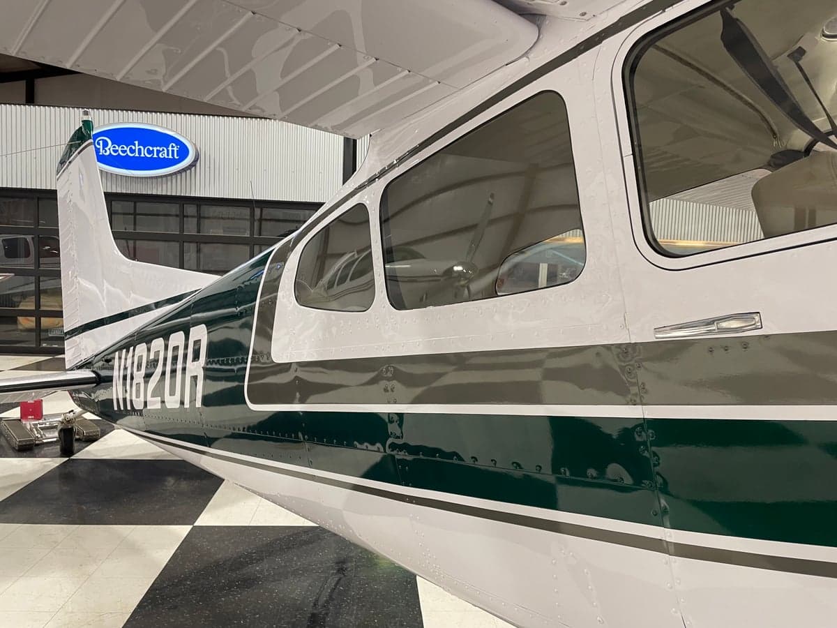 Close-up of the tail of the Cessna 185 Skywagon showing the N number.