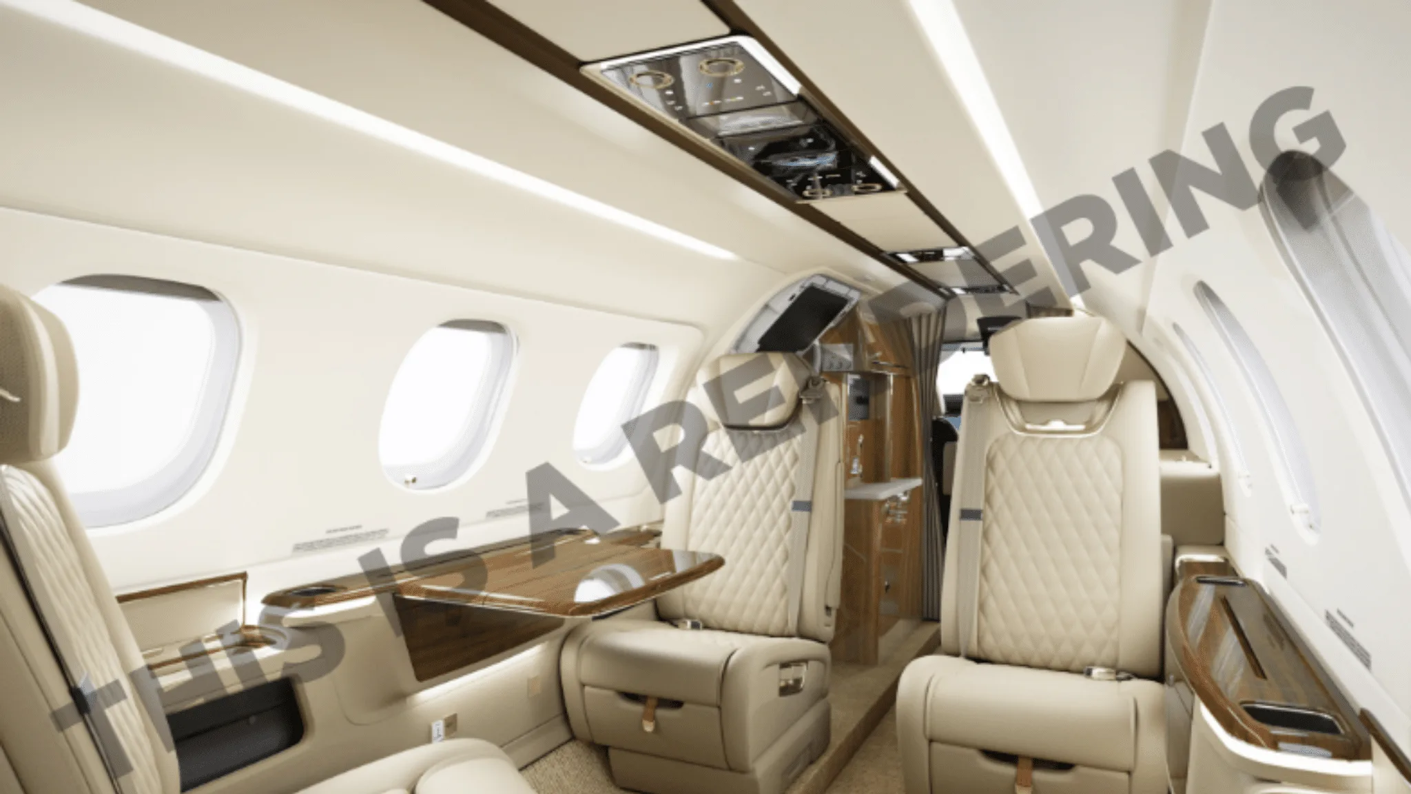 Aircraft interior with leather seats and wood accents.
