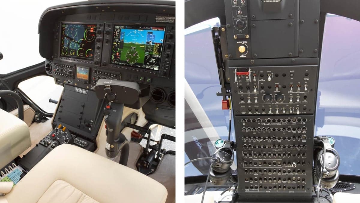 Two views of the cockpit of the AgustaWestland AW119 Koala helicopter, showing the instrument panel and controls.