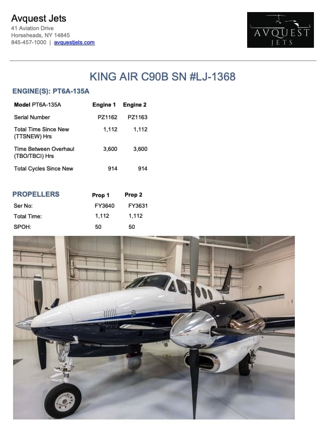 Close-up of N22MT King Air C90B nose and propeller.