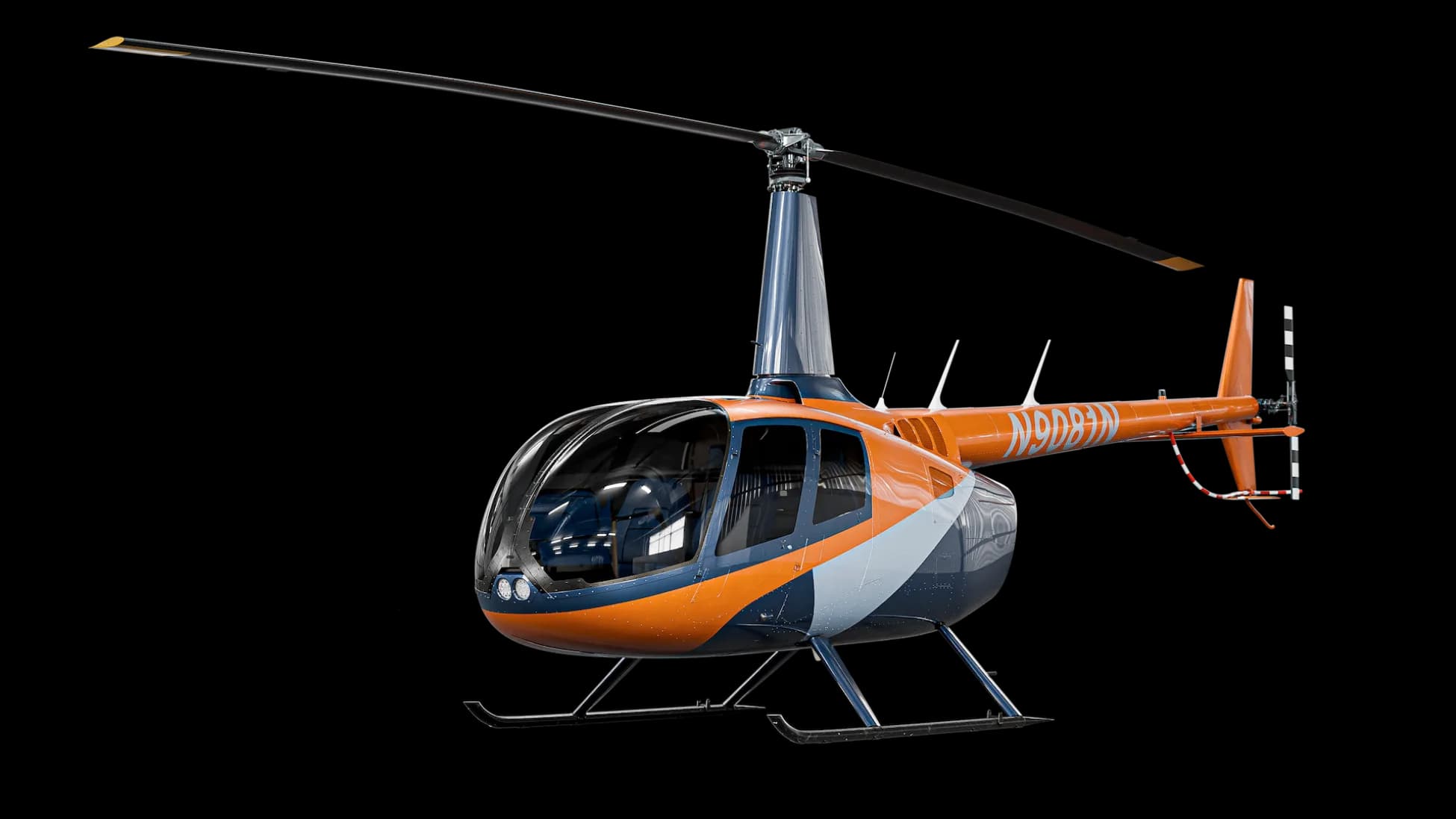 Robinson R44 helicopter with orange, blue, and silver paint scheme.