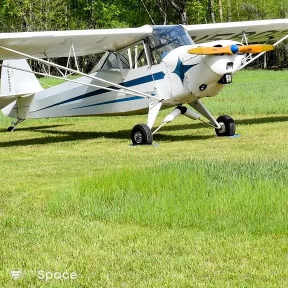 Front-right view of a white single-engine high-wing aircraft with blue stripes and a blue starburst design on the nose, parked on a grassy field.