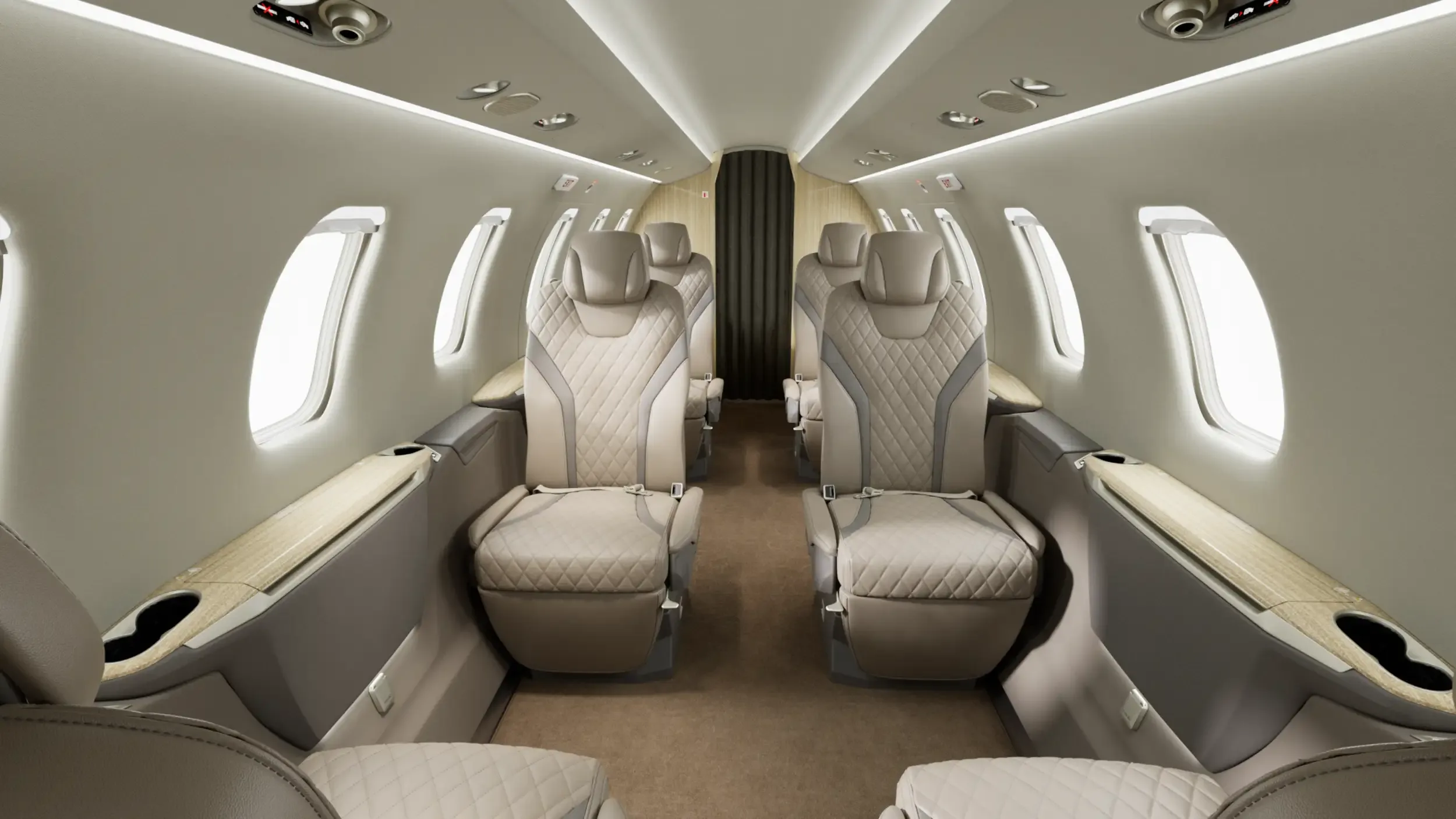 Wide view of the aircraft interior with tan leather seats.