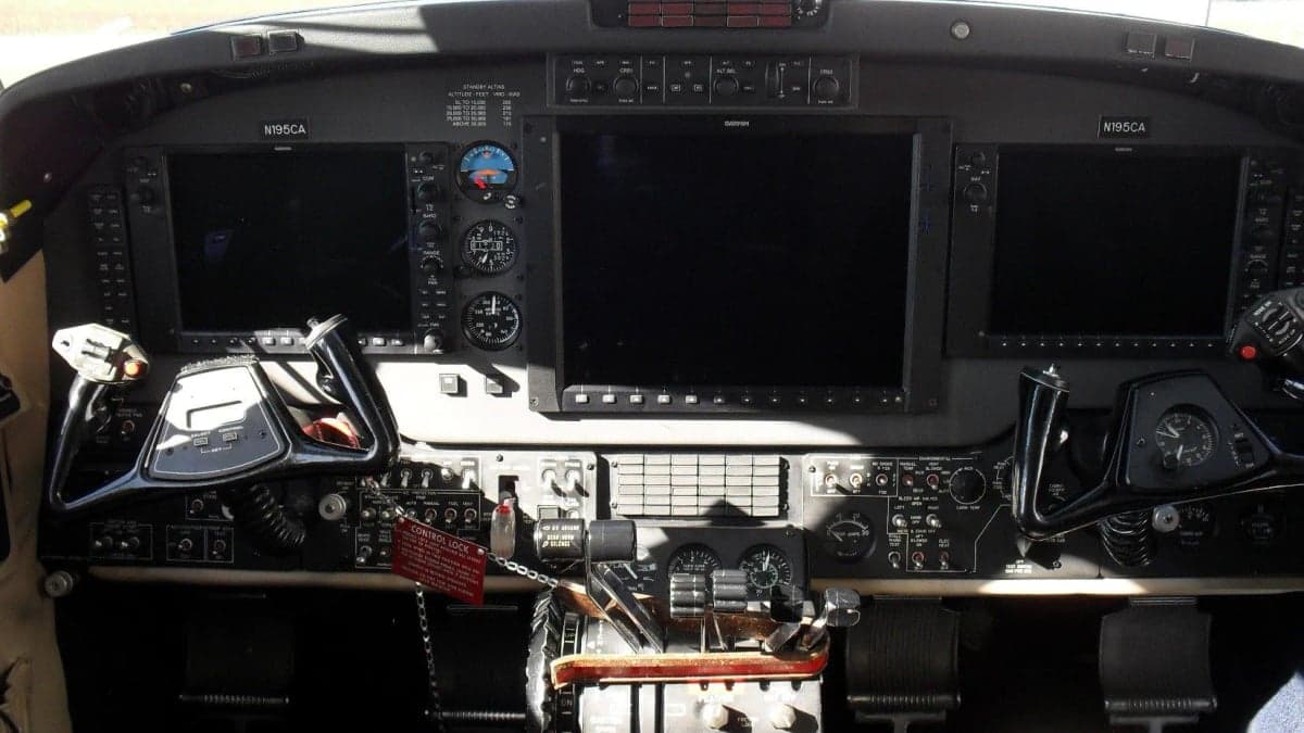 The cockpit instrument panel of the aircraft with Garmin avionics.