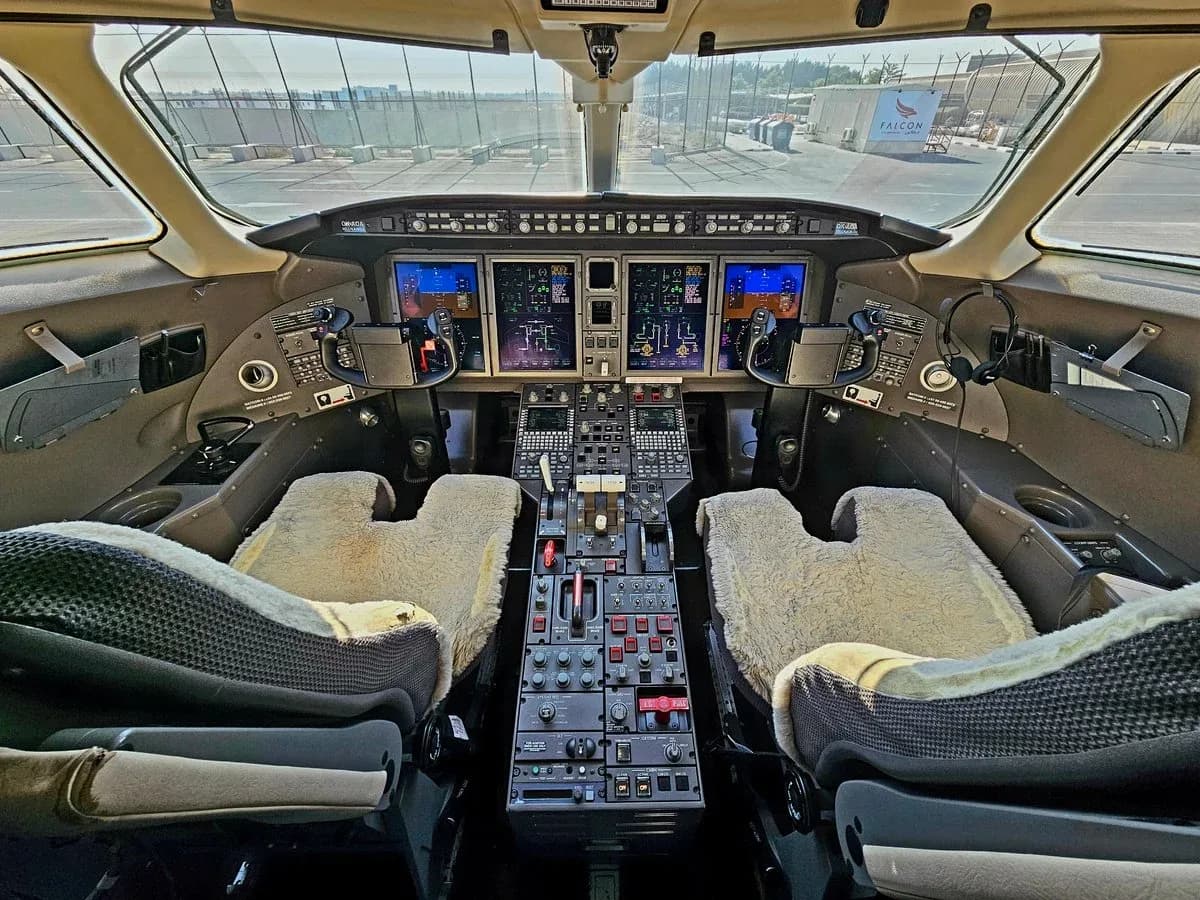 The aircraft cockpit features a modern glass panel display with multiple screens and a complex control console between two sheepskin-covered pilot seats.