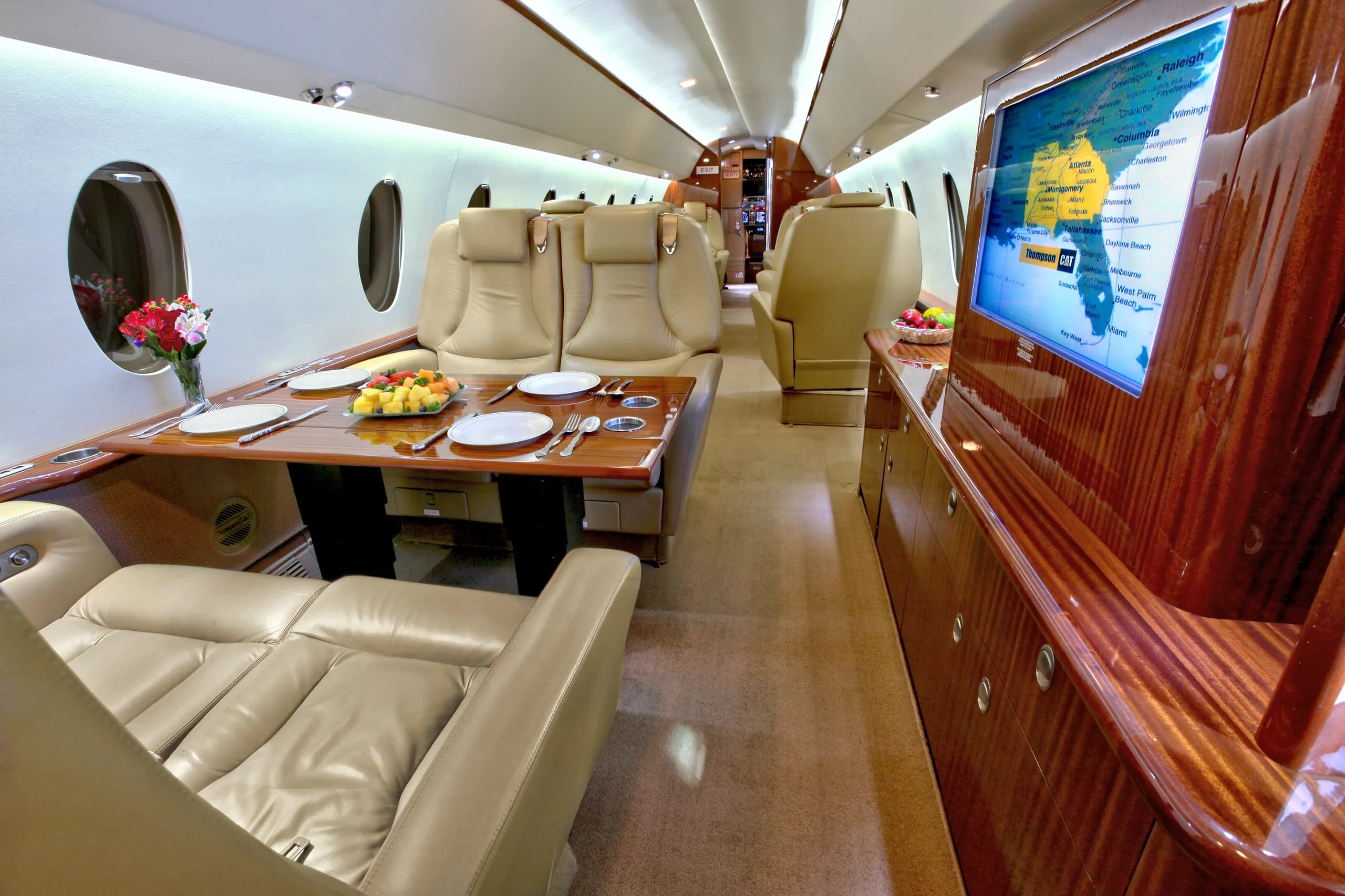 View of the aircraft's interior cabin with a dining table and entertainment system.