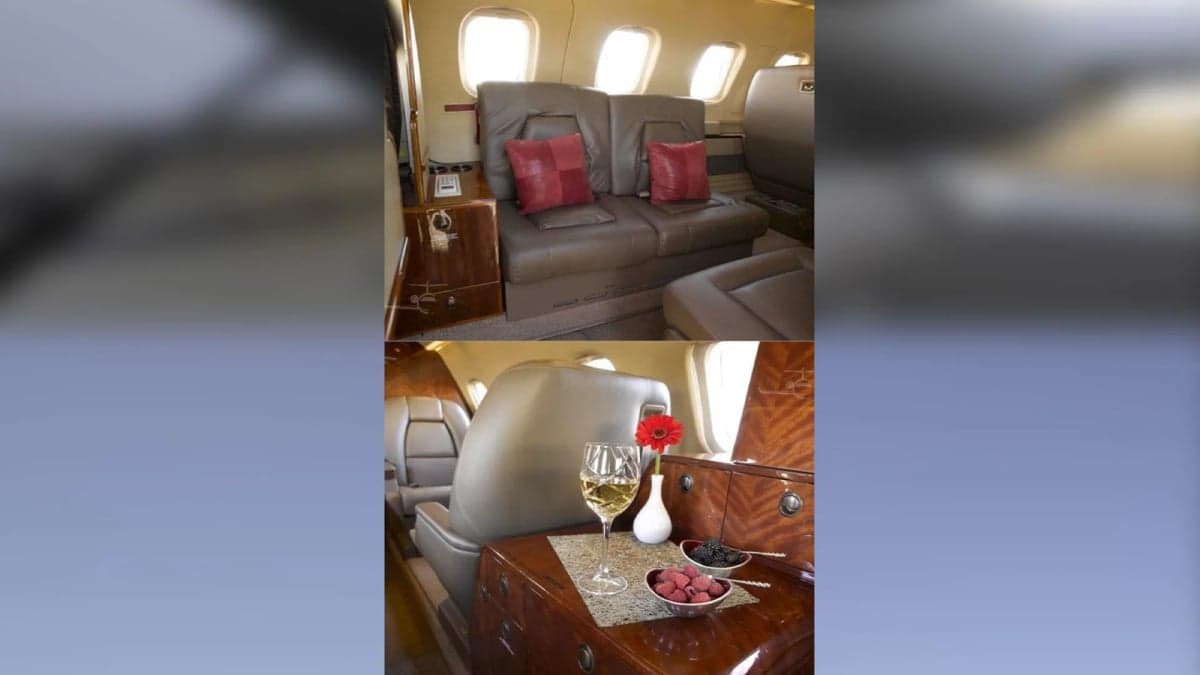 The aircraft's interior features leather seats and wood accents.