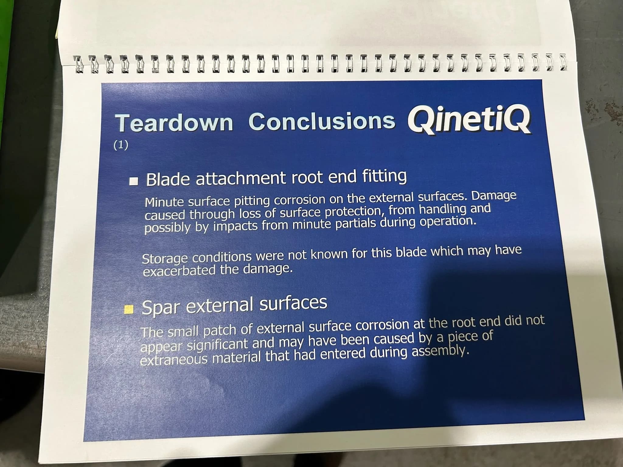 QinetiQ document with teardown conclusions regarding blade attachment and spar external surfaces.