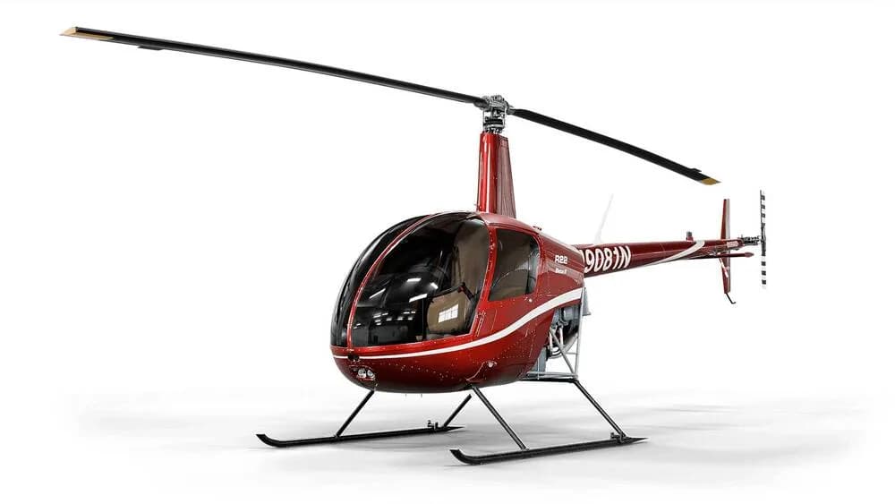 A red Robinson R22 Beta II helicopter with white stripes and registration N908JN, viewed from the front-right on a white background.
