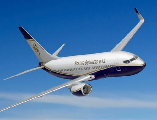 Boeing Business Jet in flight against a blue sky.