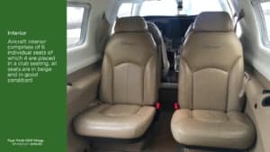 The interior of a Piper PA46-350P Mirage, registration SP-NAZ, featuring beige leather seats.