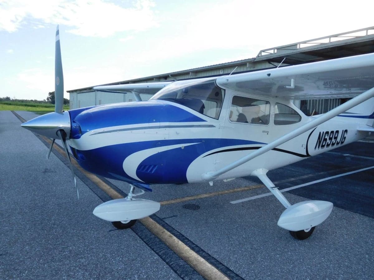 Front quarter view of the N699JG Cessna aircraft on the tarmac.