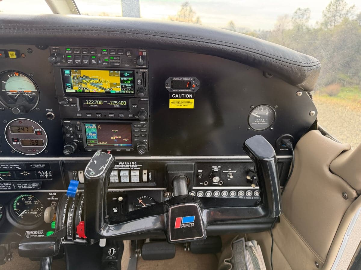 View of the instrument panel and controls in the cockpit.