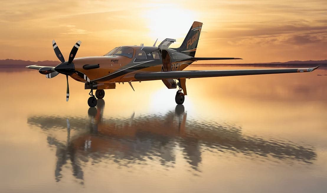A black and orange single-engine turboprop aircraft, branded 'FURY' with registration N71FY, is parked on a reflective surface at sunset.