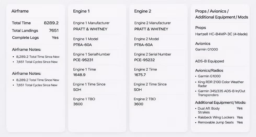 A list of the aircraft's airframe, engine, and avionics times and specifications.