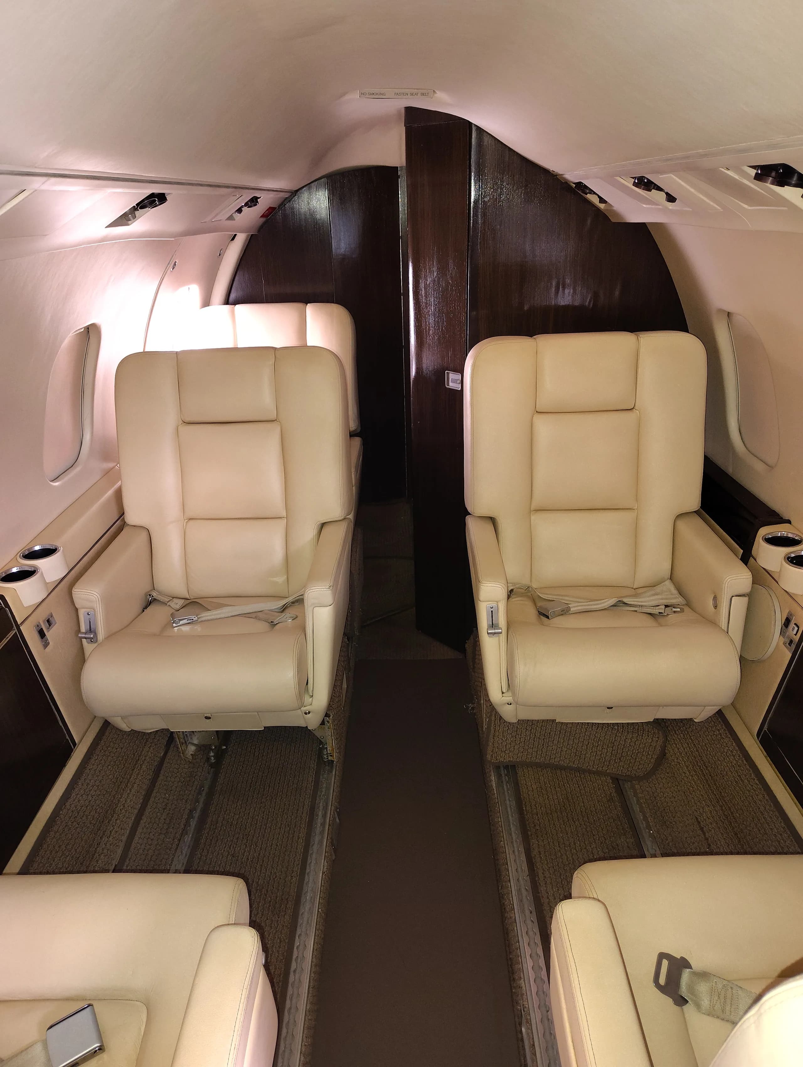 The aircraft cabin shows light beige leather seats arranged in a club configuration.