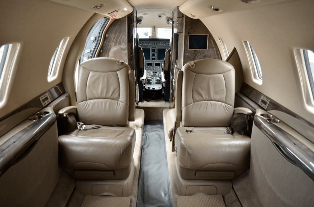 View of the interior cabin with leather seats.