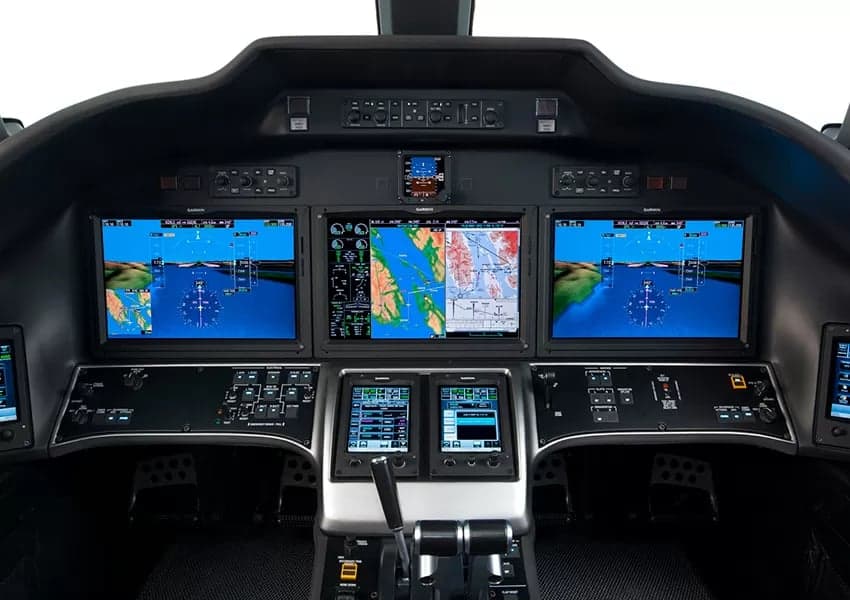 A modern glass cockpit with multiple displays shows navigation and flight information.