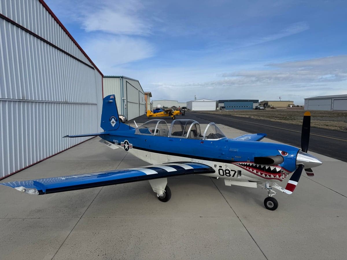 A blue and white SIAI-Marchetti SF.260 is parked on the tarmac with a shark mouth paint scheme.